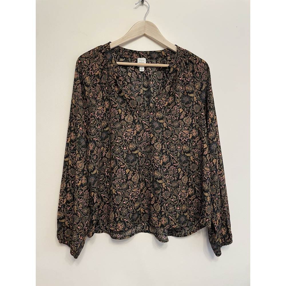 ROAN + RYAN Blouse Top Women Medium Black Floral VNeck Sheer Flowy Office Dressy - Picture 1 of 6